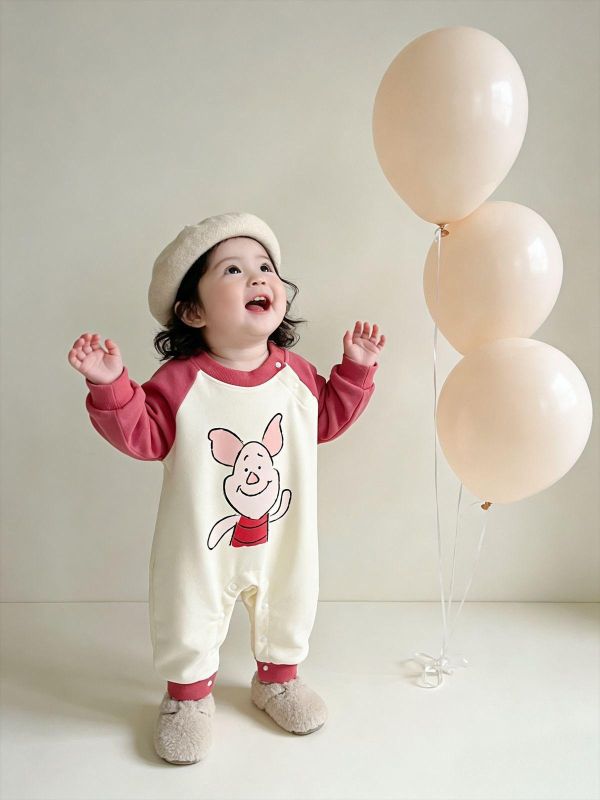 撞色拚袖粉紅小豬連身裝 