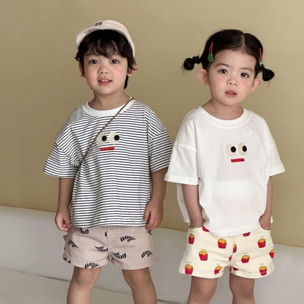 可愛表情貼布簡約素色/條紋上衣 