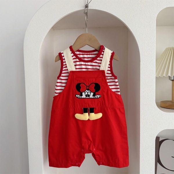 條紋背心+迪士尼卡通吊帶褲套裝 
