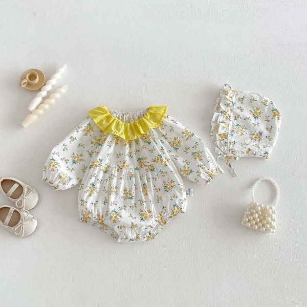 春夏亮眼黃田園碎花包屁衣+帽 