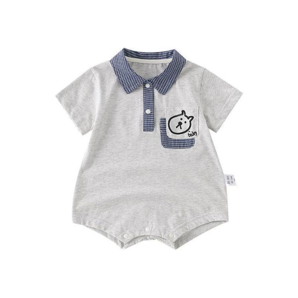 格子翻領狗狗單口袋包屁衣 