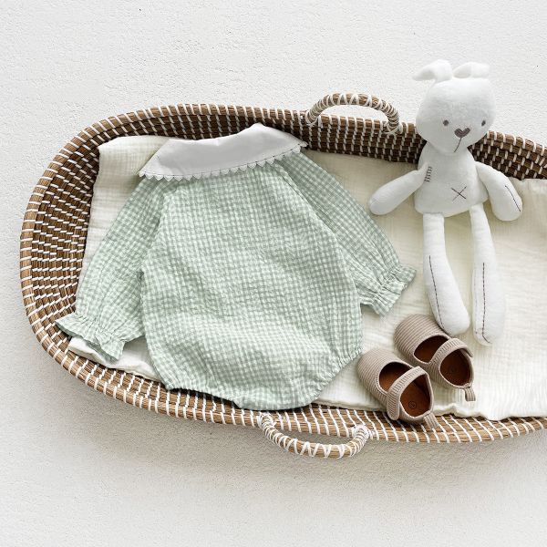 娃娃領格子透氣棉包屁衣 