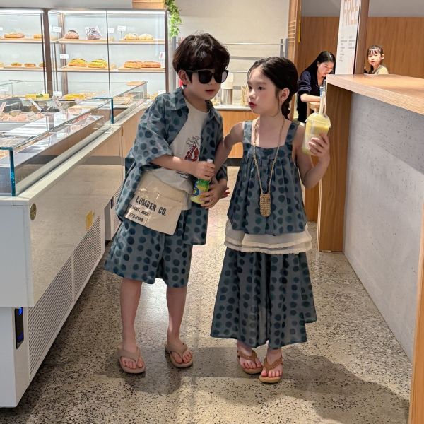 男女童圓點襯衫套裝/吊帶背心套裝 