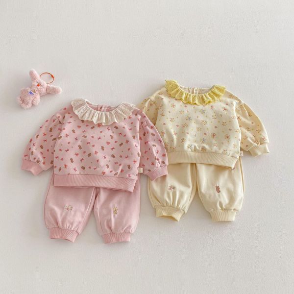 滿印碎花/小熊蕾絲花領上衣 