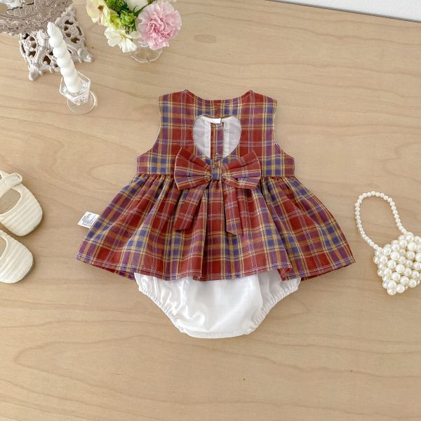 復古格紋微露背蝴蝶結包屁裙 