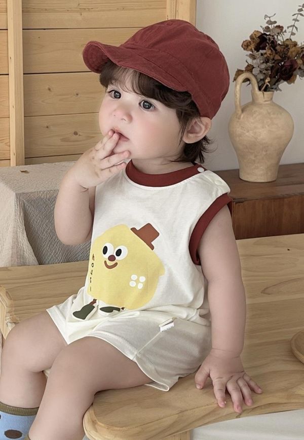 可愛餅乾印花拼色無袖背心連身裝 