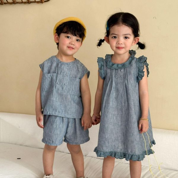 男女童刷舊水洗紋套裝/連身裙 