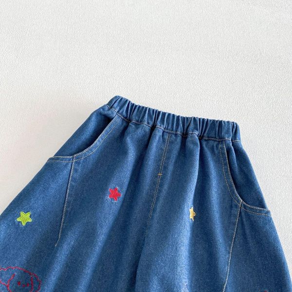 星星狗狗刺繡牛仔長褲 