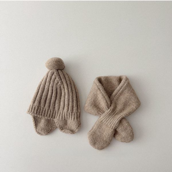 素色螺紋精靈護耳帽+圍脖 