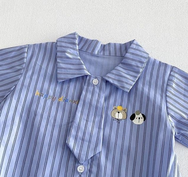 可拆式領帶-豎條紋翻領包屁衣 