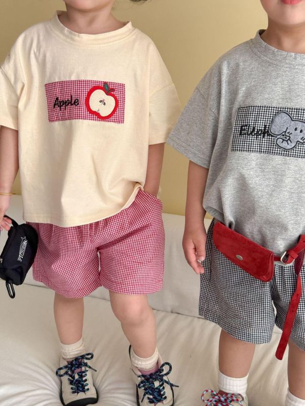 蘋果/大象布標上衣+格紋短褲套裝 