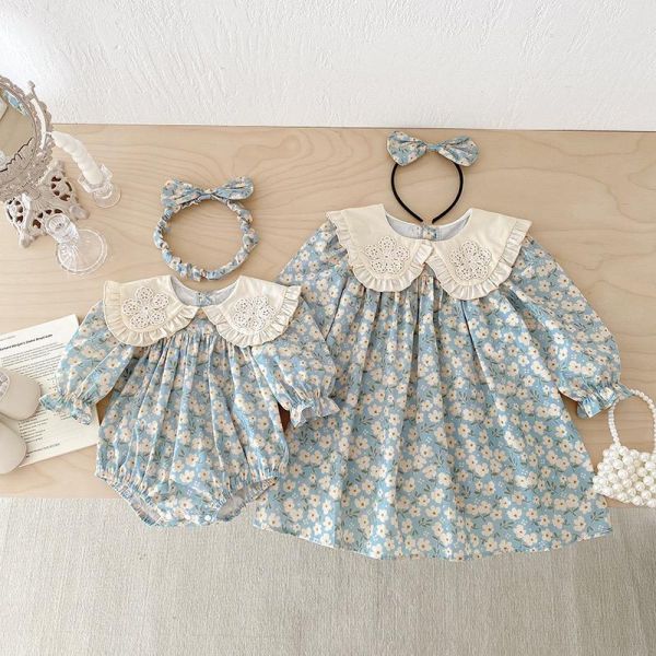 姐妹款大翻領田園碎花包屁衣/洋裝(含頭飾) 