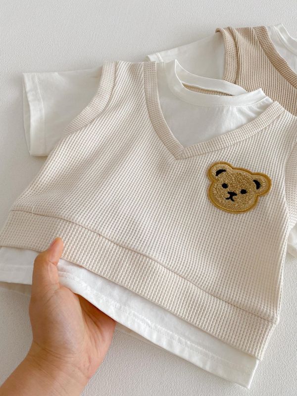 假兩件式華夫格小熊上衣+短褲套裝 