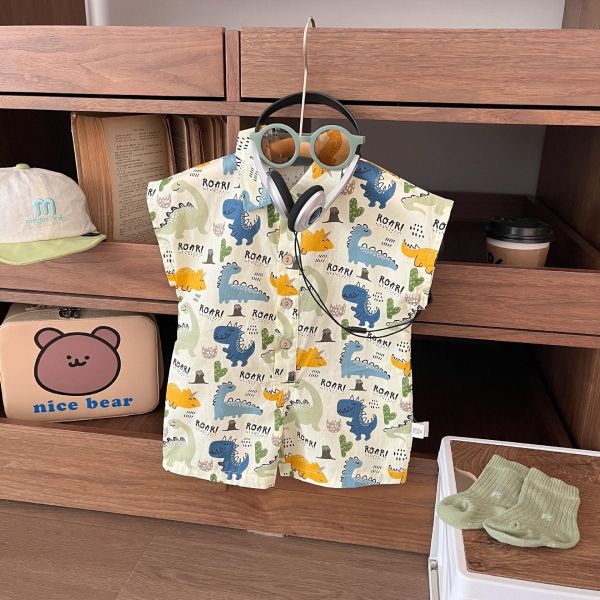 滿印恐龍翻領開釦連身裝 