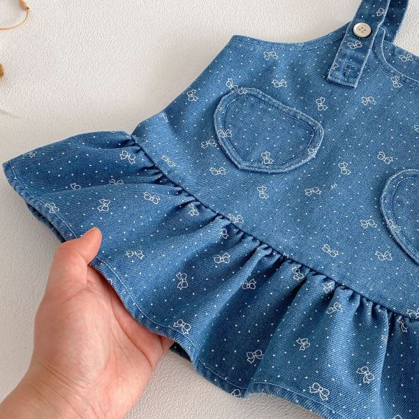 荷葉領打底上衣/蝴蝶結荷葉牛仔吊帶裙 