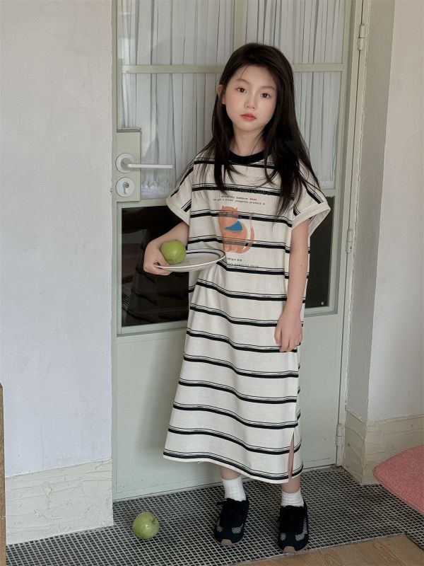 可愛貓咪條紋寬鬆連身裙 