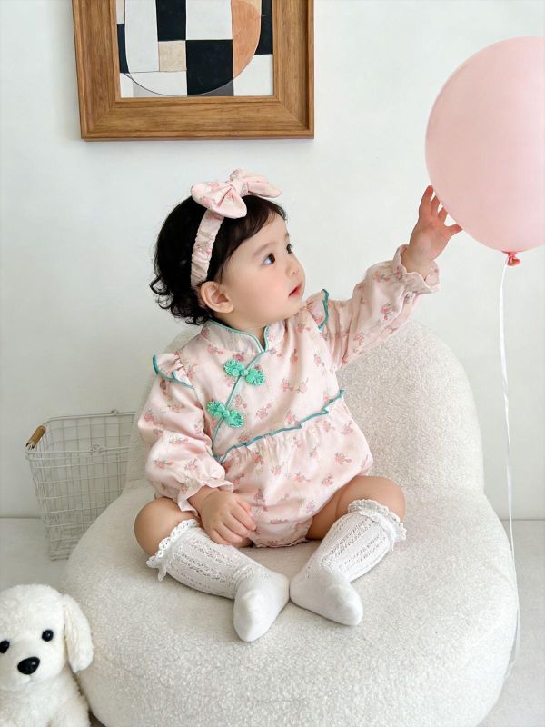 復古甜美旗袍式包屁衣+髮帶 