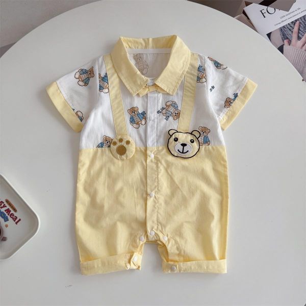 假兩件翻領小熊吊帶連身裝 