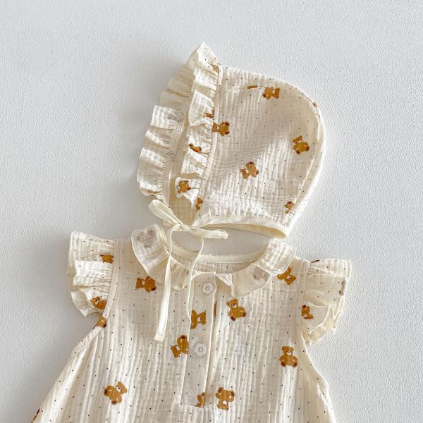 紗布棉透氣娃娃領小熊包屁衣+帽 