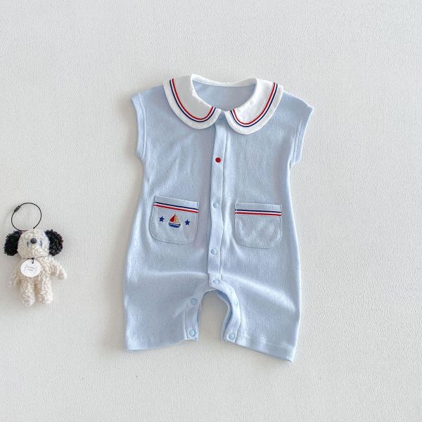 海軍風翻領素色雙口袋連身裝 