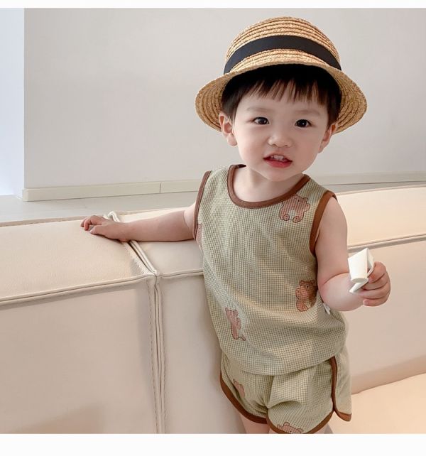 華夫格小熊兩色無袖套裝 