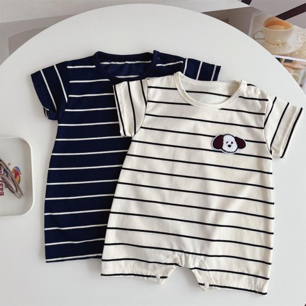 狗狗貼布條紋彈力連身裝(2色) 