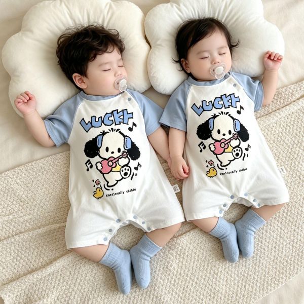 拼袖可愛長耳狗狗印花連身裝(贈襪) 