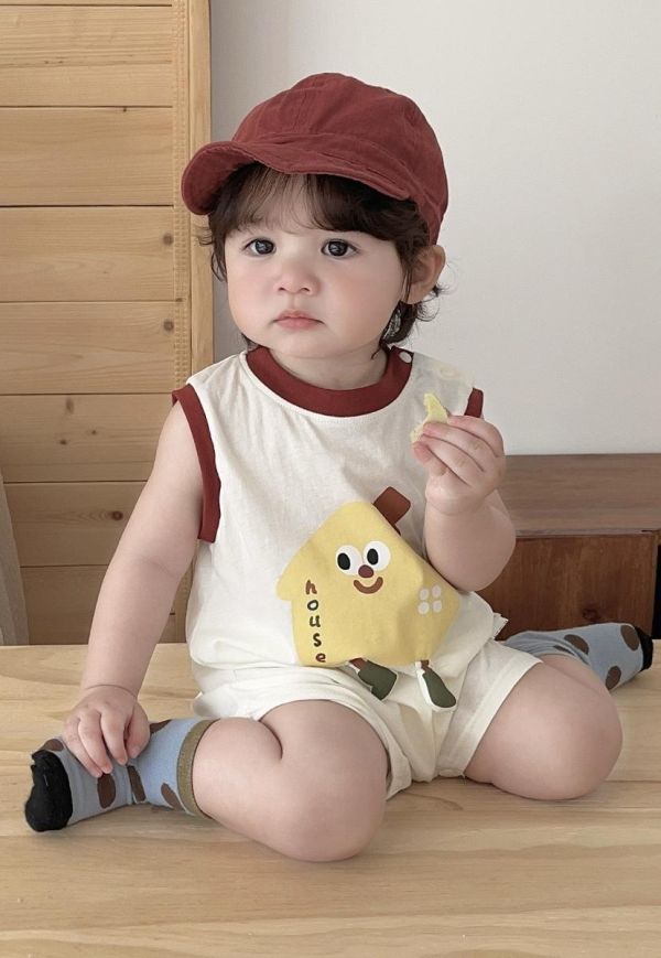 可愛餅乾印花拼色無袖背心連身裝 