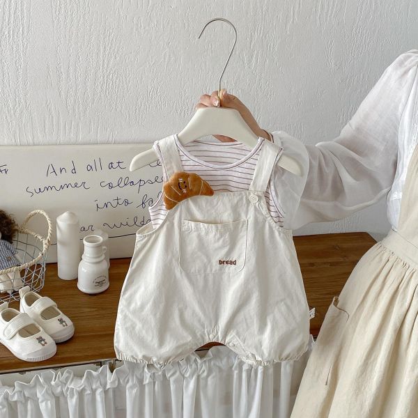 條紋背心+可頌麵包吊帶褲套裝 