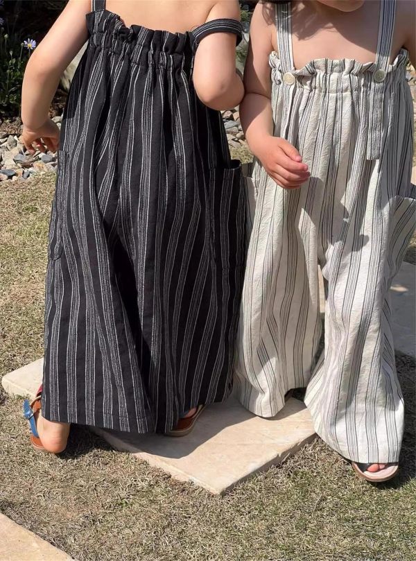 雙色豎條紋雙口袋吊帶連身褲 