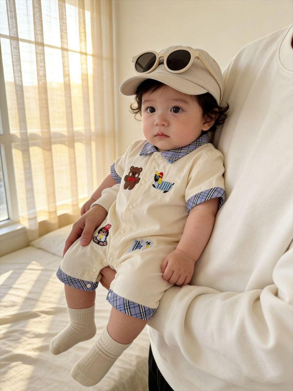 格紋翻領小熊刺繡開釦連身裝 