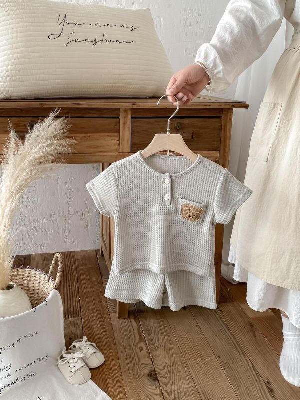 素色華夫格小熊單口袋彈力套裝 