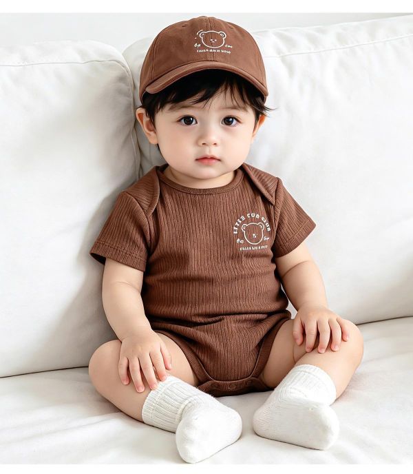 信封領螺紋小熊彈力包屁衣 