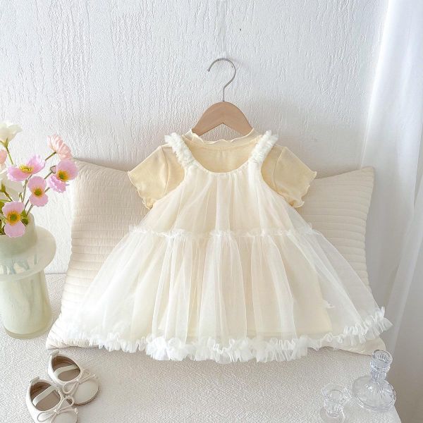 鵝黃上衣+網紗吊帶連身裙套裝 