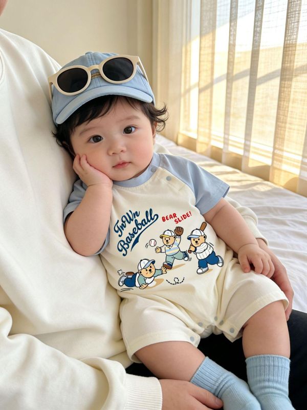 棒球小熊印花拼袖連身裝 