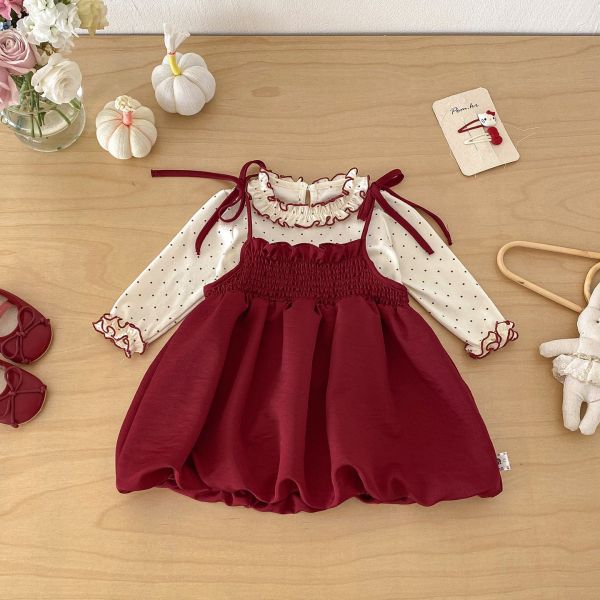 木耳立領點點上衣+酒紅綁帶吊帶裙 