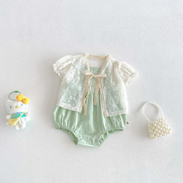 兩件套-泡袖蕾絲外套+細肩包屁衣 