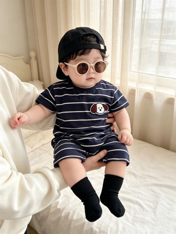 狗狗貼布條紋彈力連身裝(2色) 