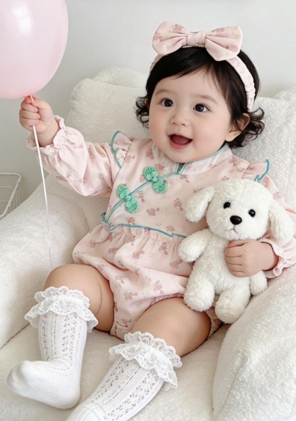 復古甜美旗袍式包屁衣+髮帶 