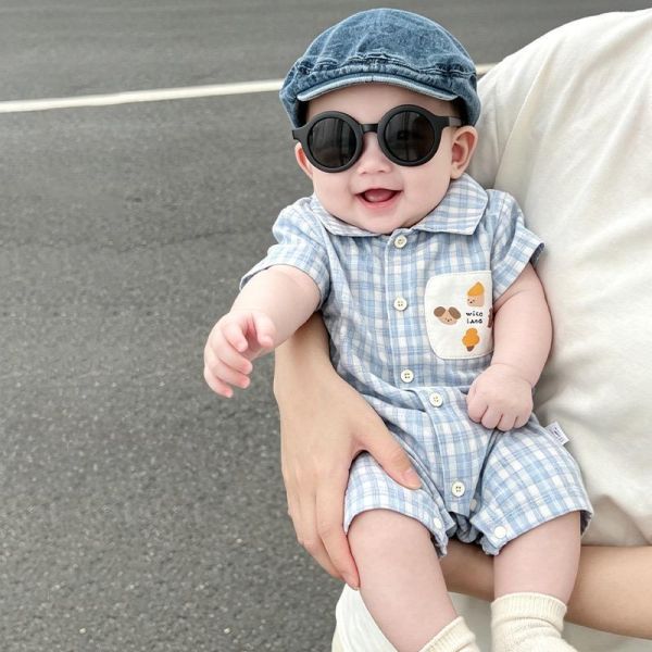 塗鴉貼布格紋翻領連身裝 