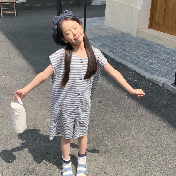 休閒慵懶條紋字母開釦連身裝(2色) 