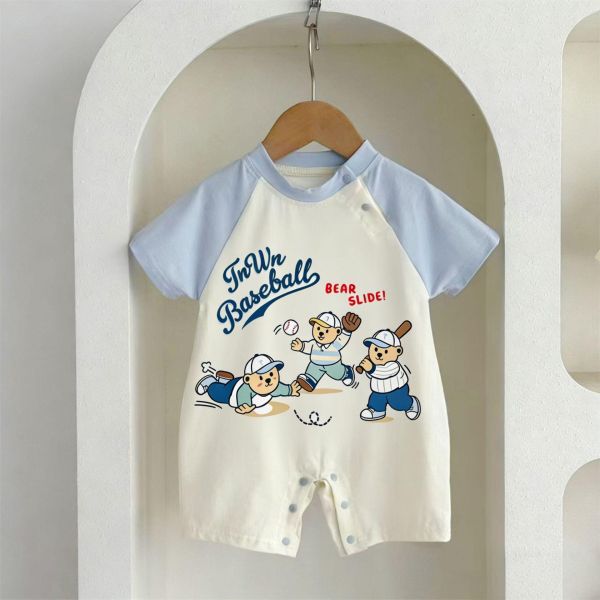 棒球小熊印花拼袖連身裝 