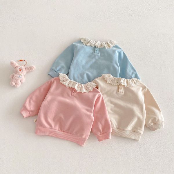 蕾絲領卡通上衣/條紋喇叭彈力褲 