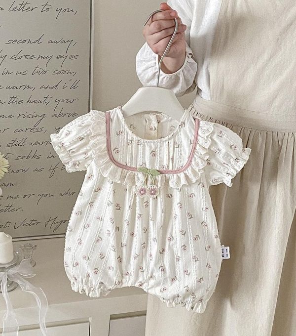 田園風櫻桃碎花方領連身裝 