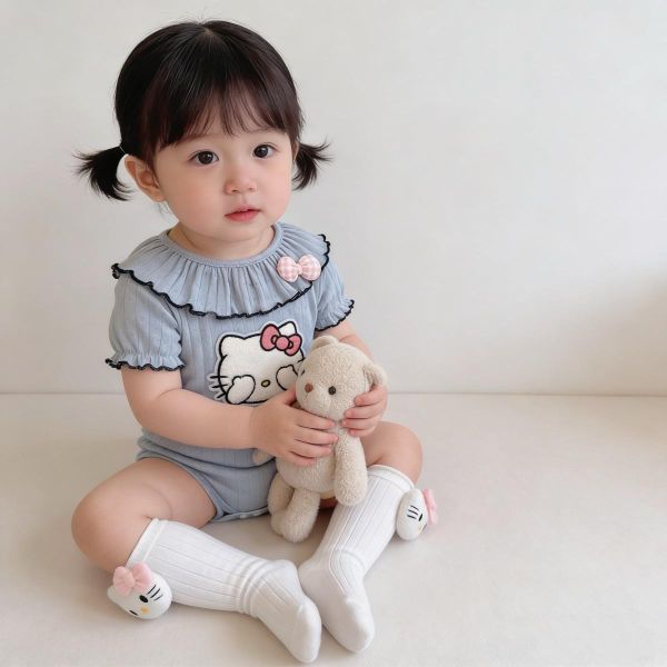 荷葉領貓咪貼布彈力包屁衣 