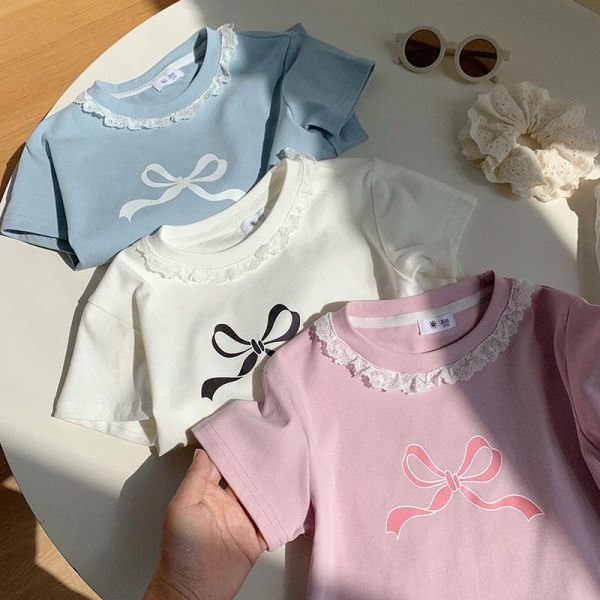 大蝴蝶結印花蕾絲領口上衣 