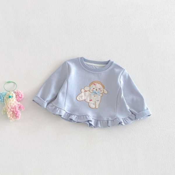 荷葉邊狗狗刺繡素色上衣 