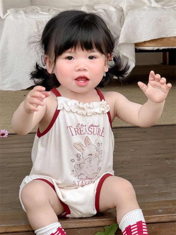 小蕾絲布兔子印花細肩包屁衣 