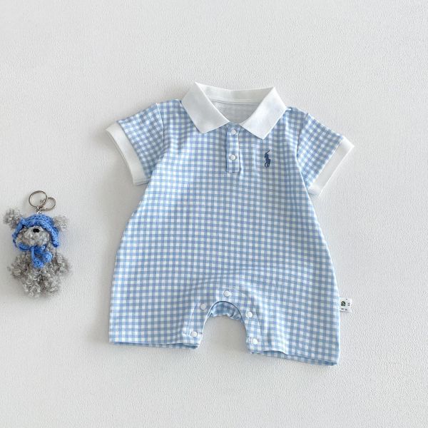 撞色翻領格紋連身裝 