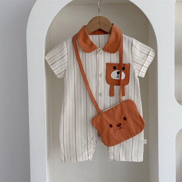 翻領小熊口袋豎條紋連身裝(含包) 